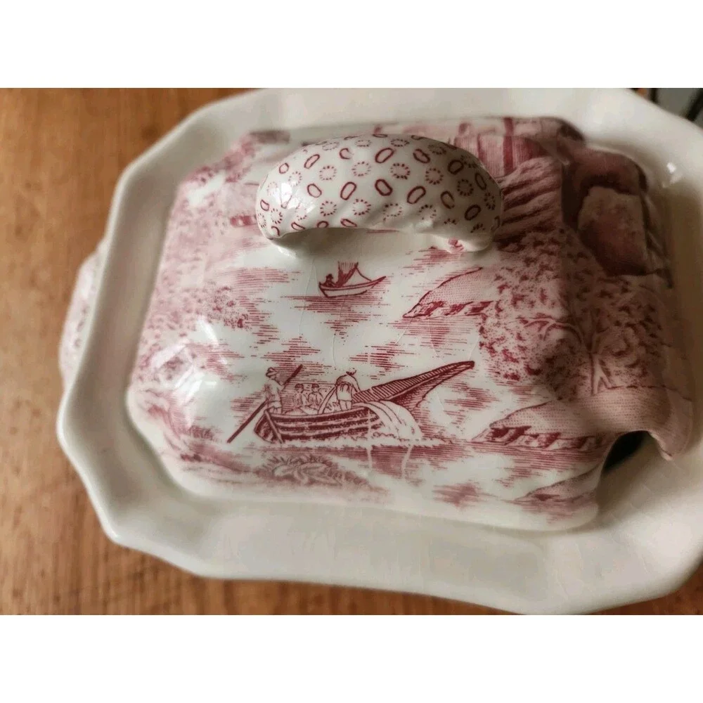 Vintage Red Transferware Sauce Tureen with Lid & Underplate Castle Boat Pattern